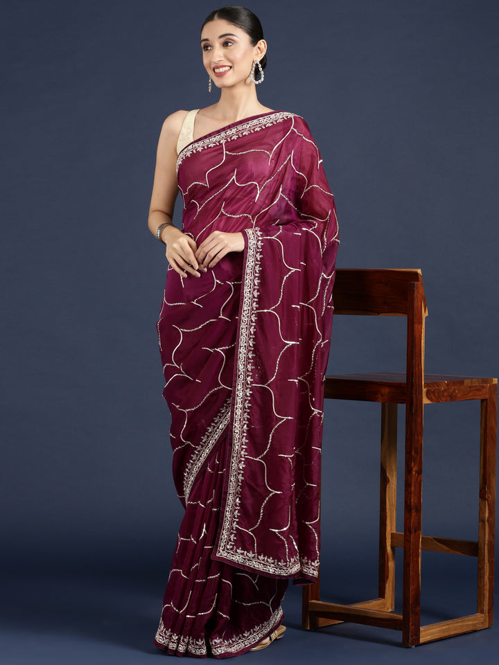 Wine Satin Beads And Stone Work Saree