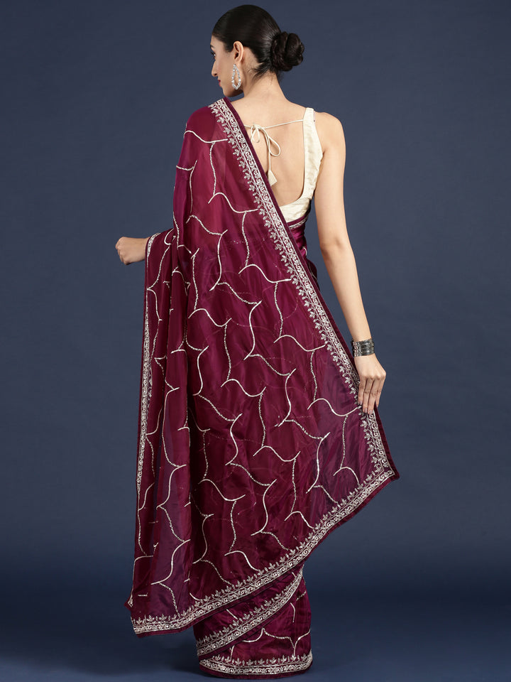 Wine Satin Beads And Stone Work Saree