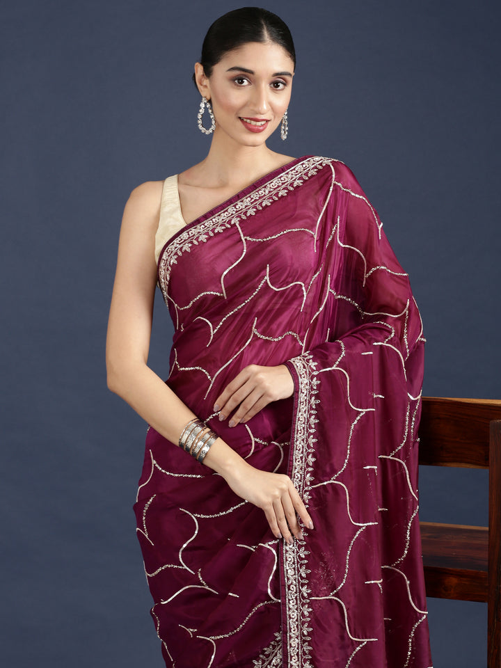Wine Satin Beads And Stone Work Saree