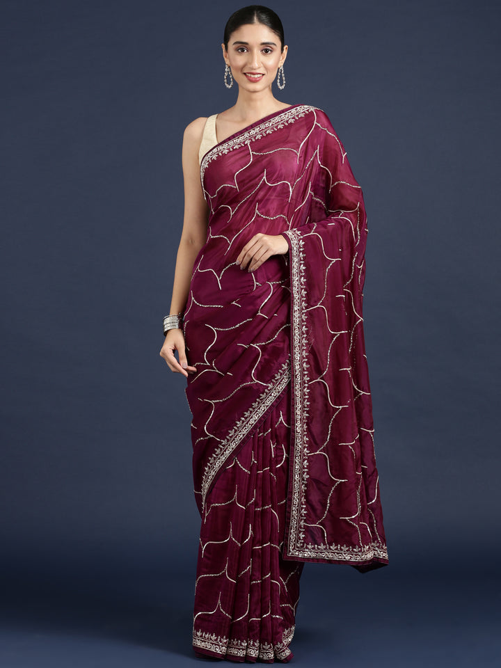 Wine Satin Beads And Stone Work Saree
