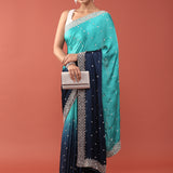 Navy Blue Satin Stone And Thread Embroidery Saree