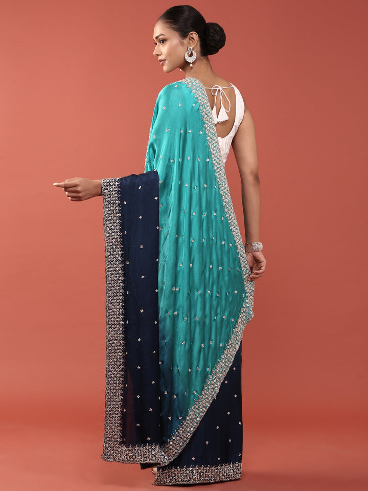 Navy Blue Satin Stone And Thread Embroidery Saree