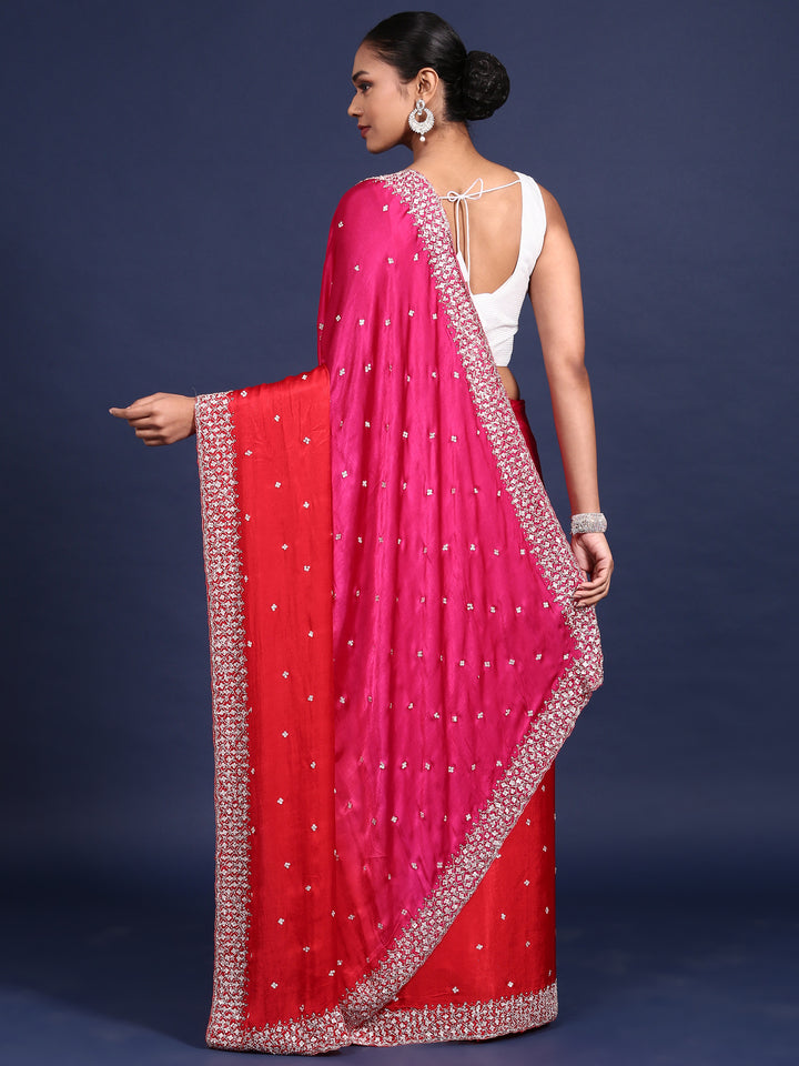 Pink Satin Stone And Thread Embroidery Saree