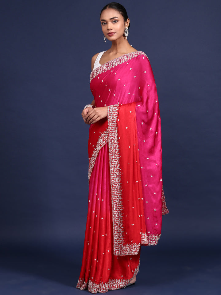 Pink Satin Stone And Thread Embroidery Saree