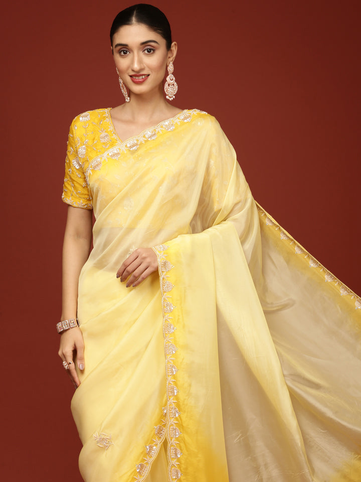 Lemon Silk Saree With Stone Work Readymade Blouse