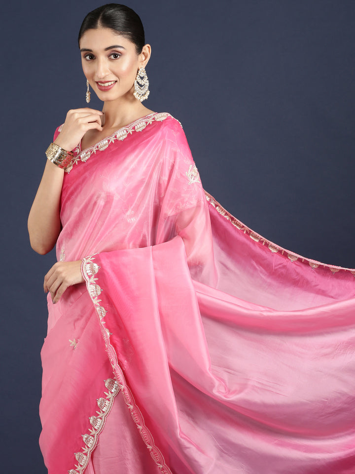Pink Silk Saree With Stone Work Readymade Blouse