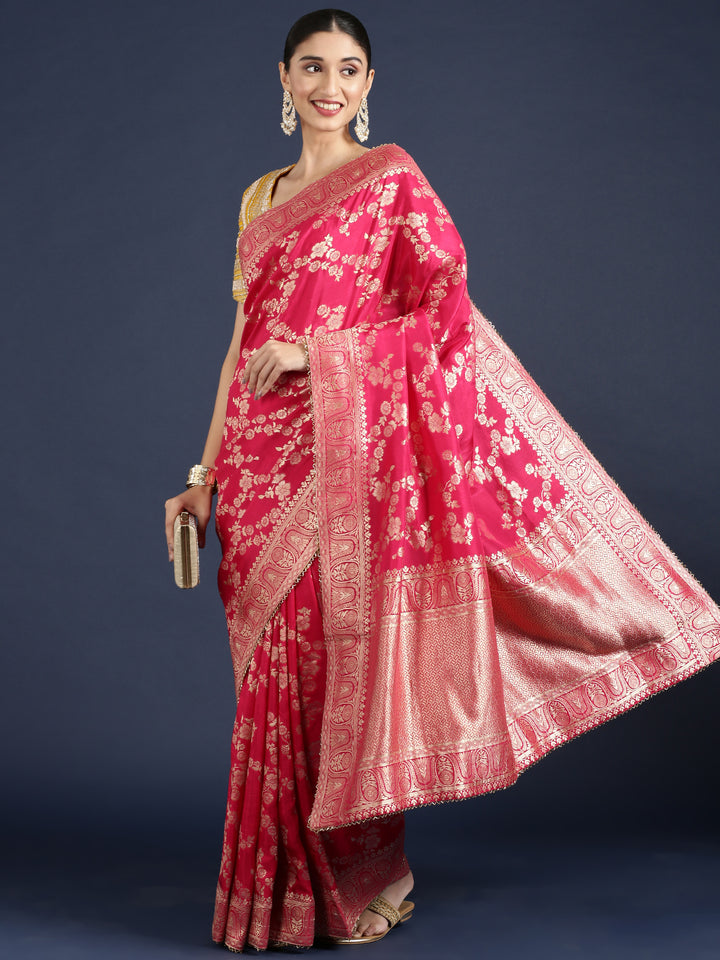 Rani Pink Banaras Weaved Saree With Embroidery Readymade Blouse