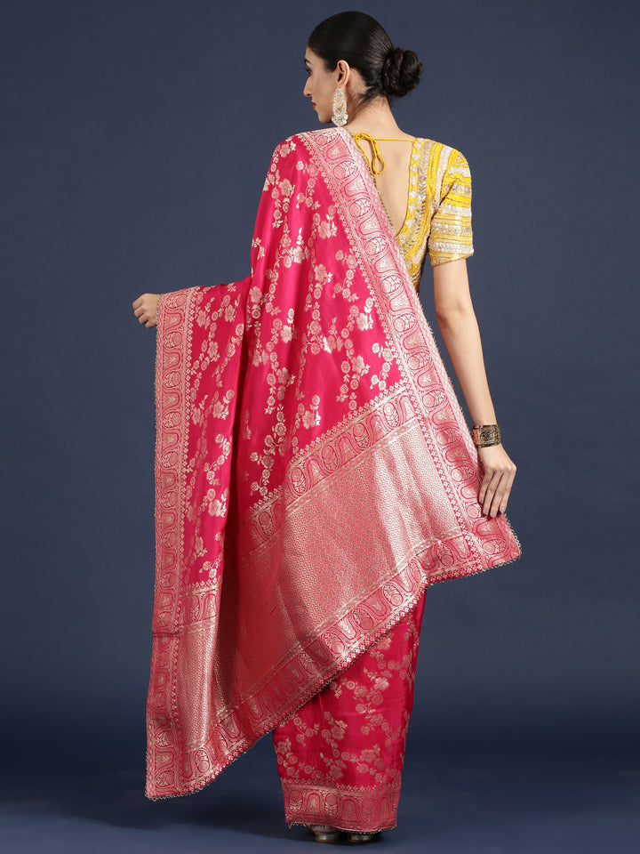 Rani Pink Banaras Weaved Saree With Embroidery Readymade Blouse