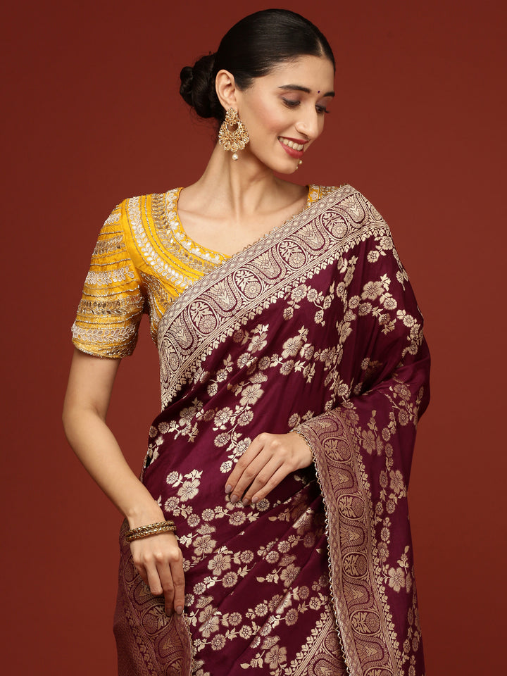 Wine Banaras Weaved Saree With Embroidery Readymade Blouse