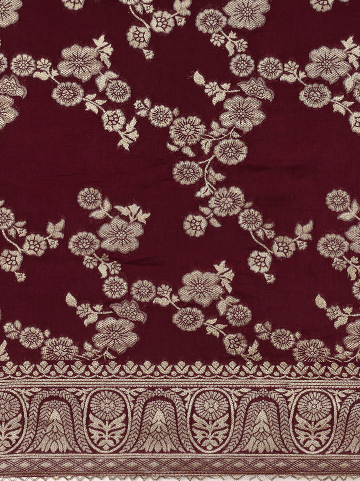 Wine Banaras Weaved Saree With Embroidery Readymade Blouse