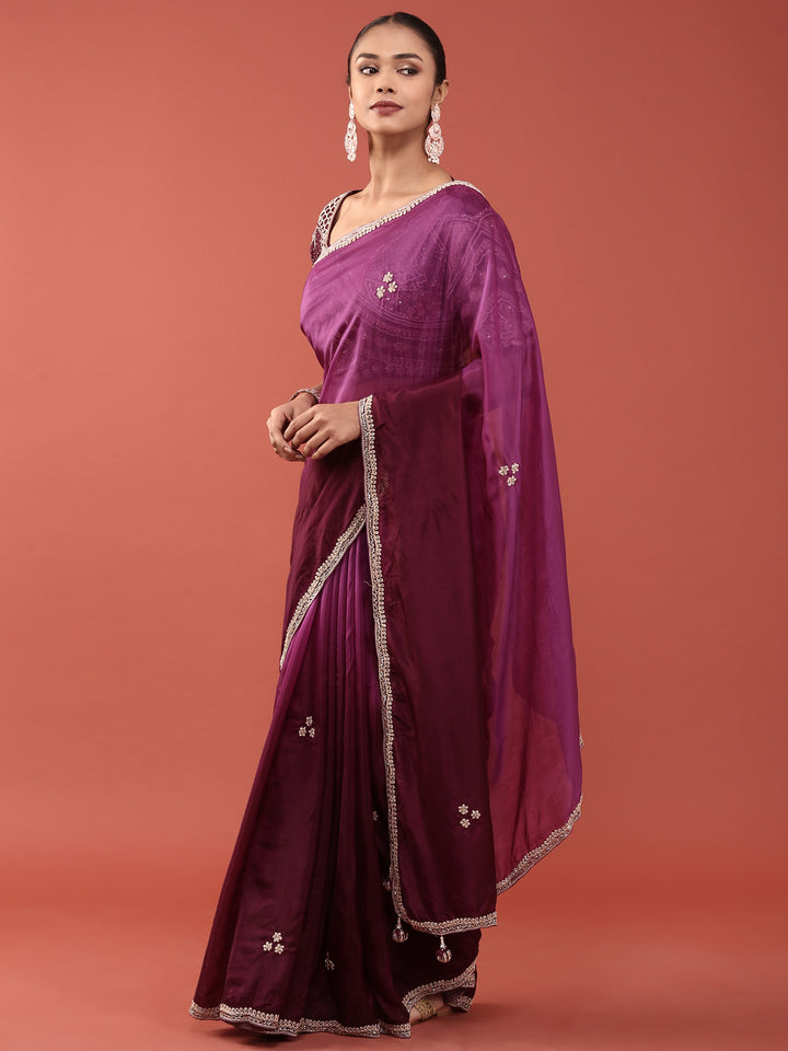 Purple Crepe Embroidery Saree With Readymade Blouse