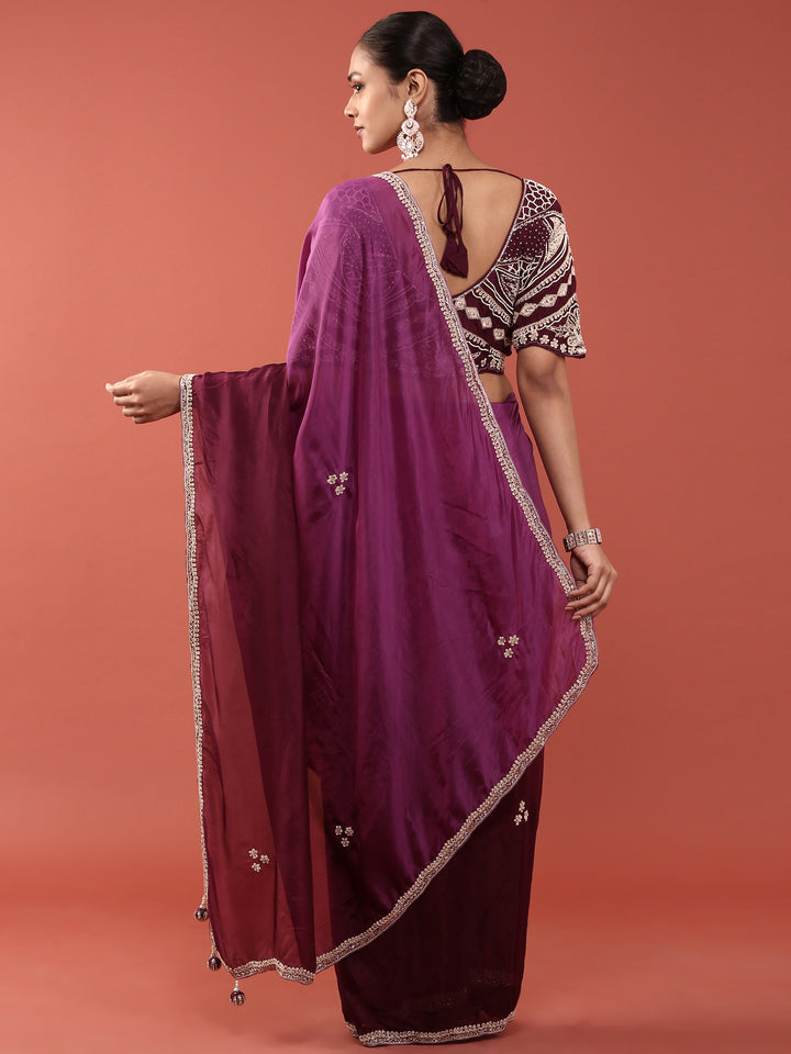 Purple Crepe Embroidery Saree With Readymade Blouse