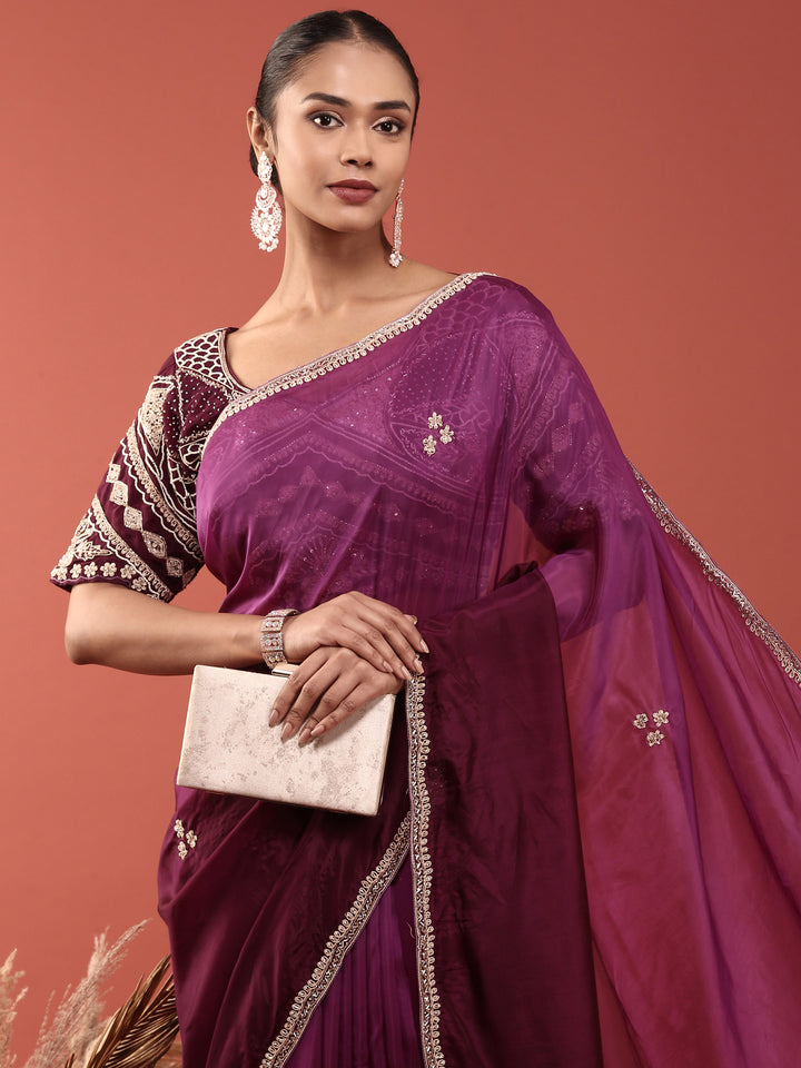 Purple Crepe Embroidery Saree With Readymade Blouse