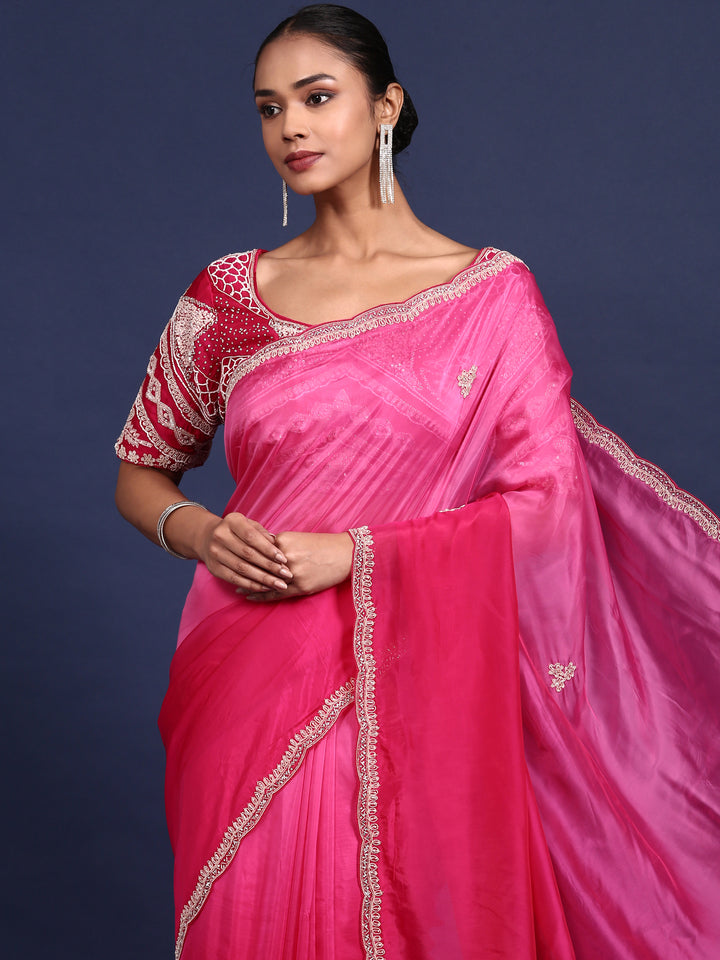Rani Pink Crepe Embroidery Saree With Readymade Blouse