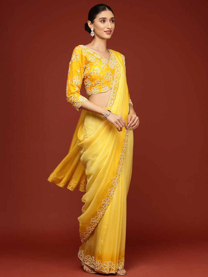 Lemon Silk Saree With Stone Work Readymade Blouse