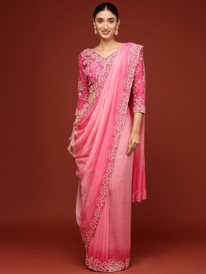 Pink Silk Saree With Stone Work Readymade Blouse
