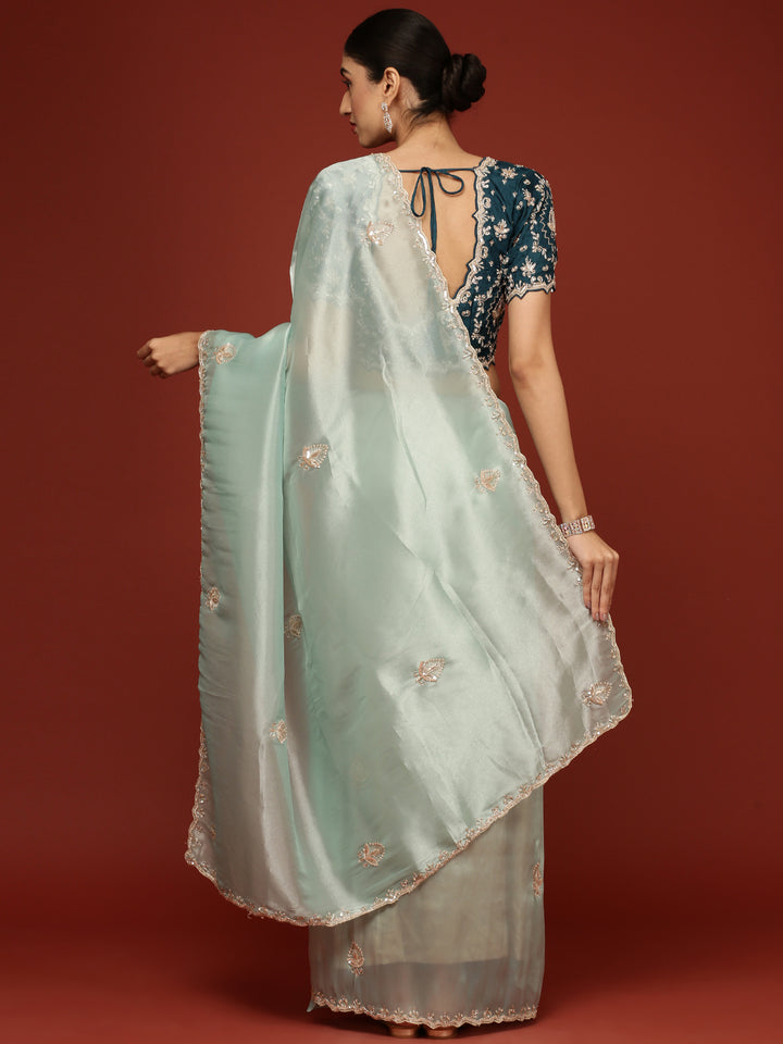 Blue Tissue Saree With Stone Work Readymade Blouse