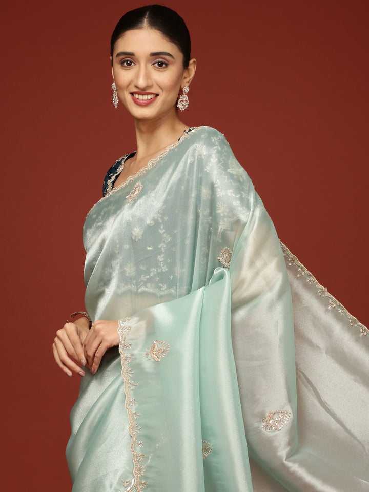 Blue Tissue Saree With Stone Work Readymade Blouse