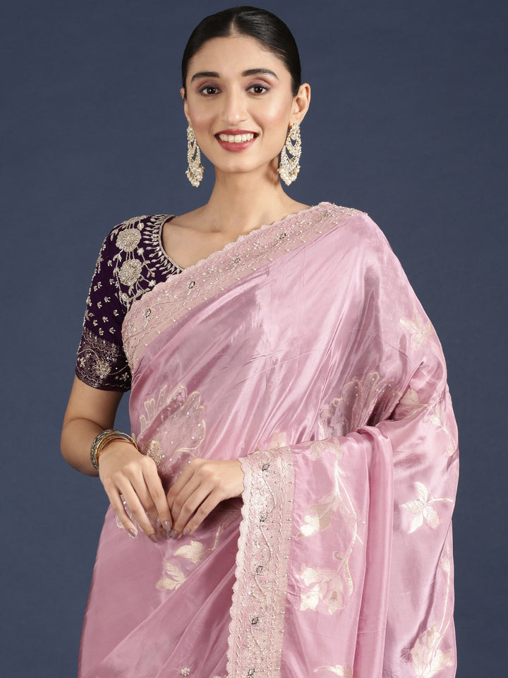 Lilac Tissue Weaved Saree With Stone Work Readymade Blouse