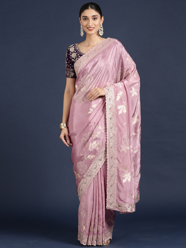 Lilac Tissue Weaved Saree With Stone Work Readymade Blouse