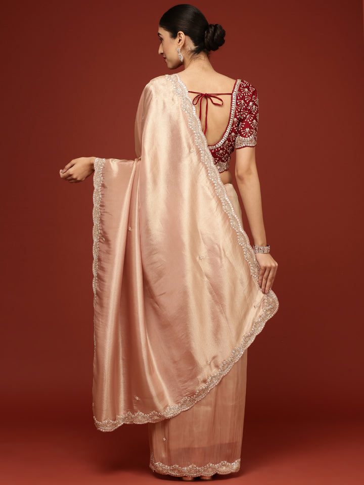 Peach Tissue Saree With Stone Work Readymade Blouse