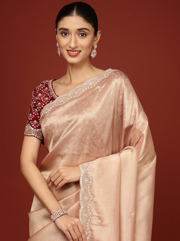 Peach Tissue Saree With Stone Work Readymade Blouse