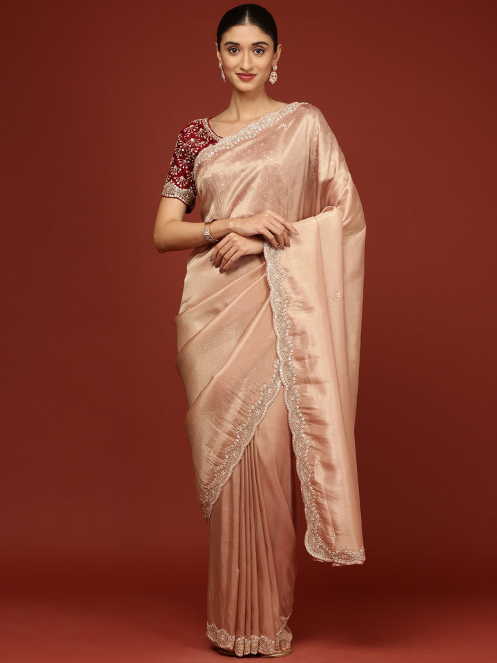 Peach Tissue Saree With Stone Work Readymade Blouse