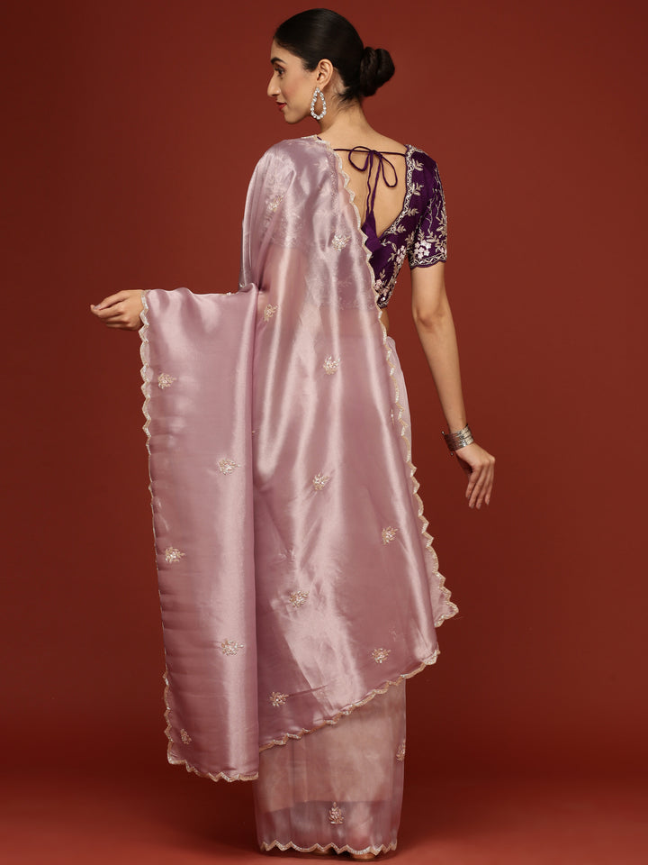 Lilac Tissue Hand Embroidery Saree With Stone Work Readymade Blouse