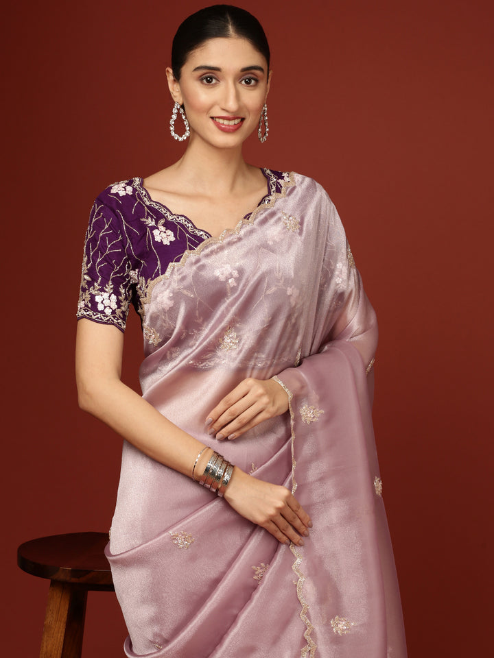 Lilac Tissue Hand Embroidery Saree With Stone Work Readymade Blouse