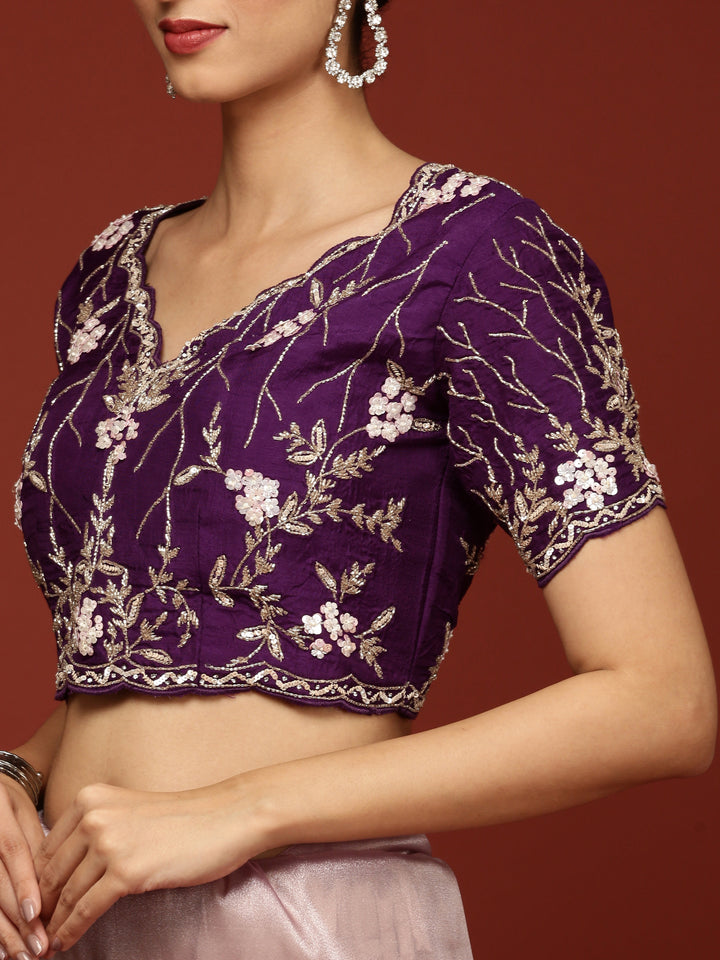 Lilac Tissue Hand Embroidery Saree With Stone Work Readymade Blouse