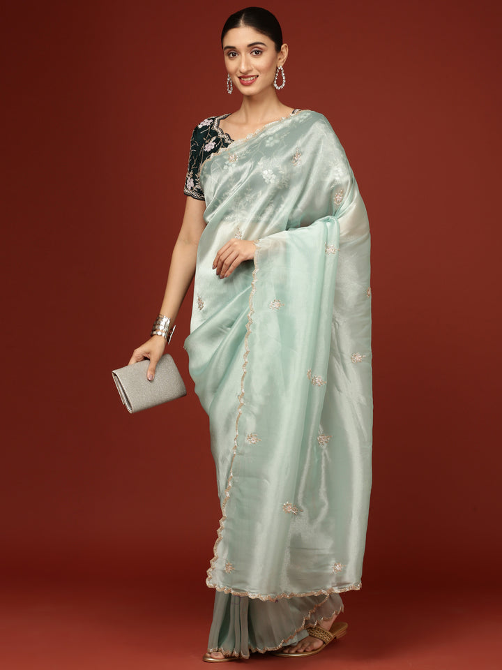 Sea Green Tissue Hand Embroidery Saree With Stone Work Readymade Blouse