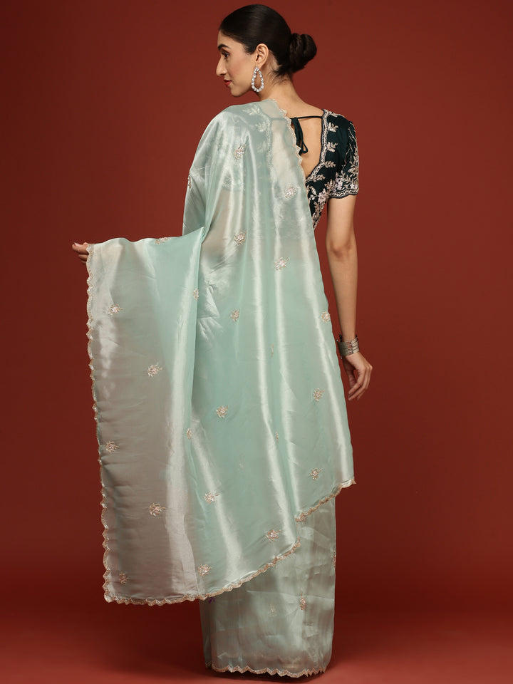 Sea Green Tissue Hand Embroidery Saree With Stone Work Readymade Blouse