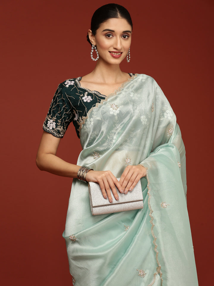 Sea Green Tissue Hand Embroidery Saree With Stone Work Readymade Blouse