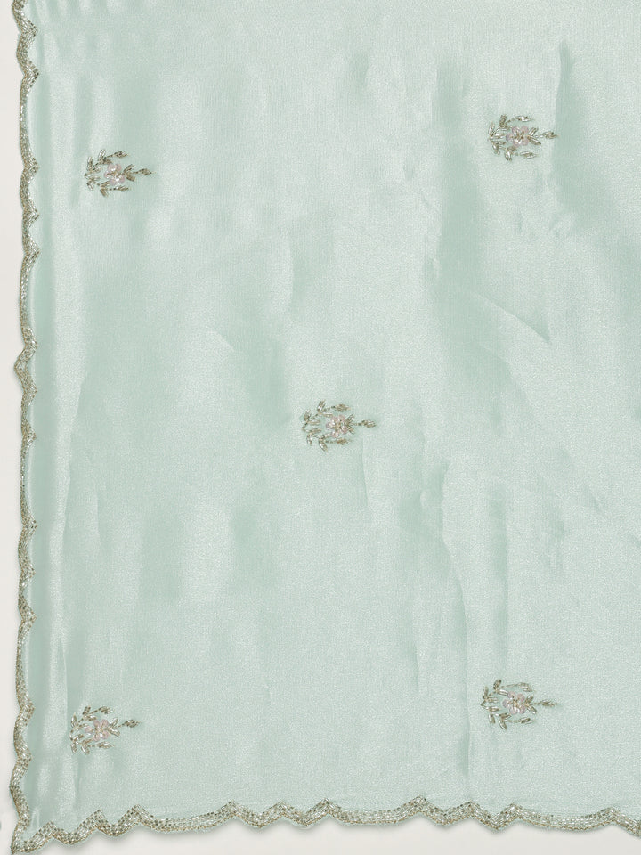 Sea Green Tissue Hand Embroidery Saree With Stone Work Readymade Blouse