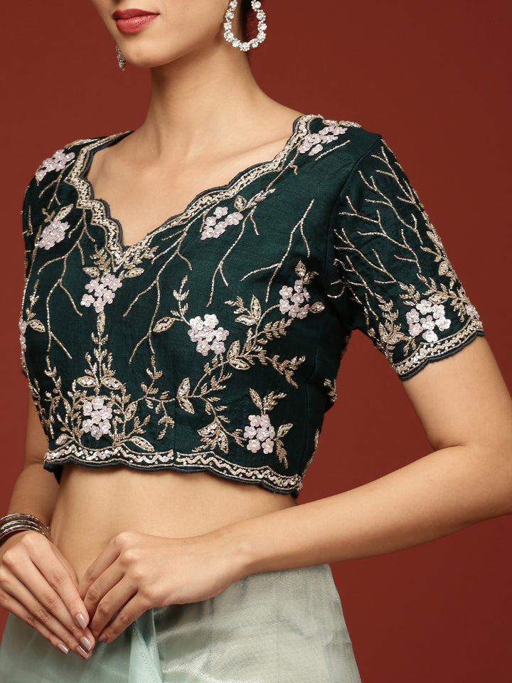 Sea Green Tissue Hand Embroidery Saree With Stone Work Readymade Blouse