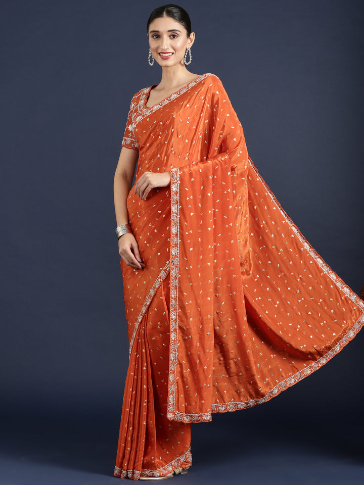 Orange Crepe Saree With Stone Work Readymade Blouse