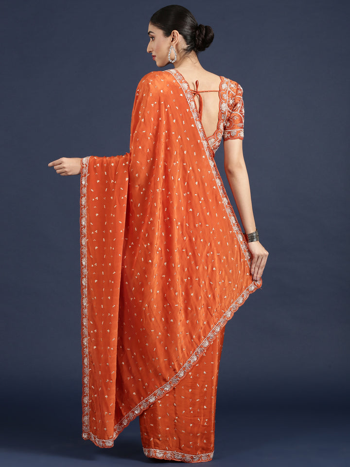 Orange Crepe Saree With Stone Work Readymade Blouse
