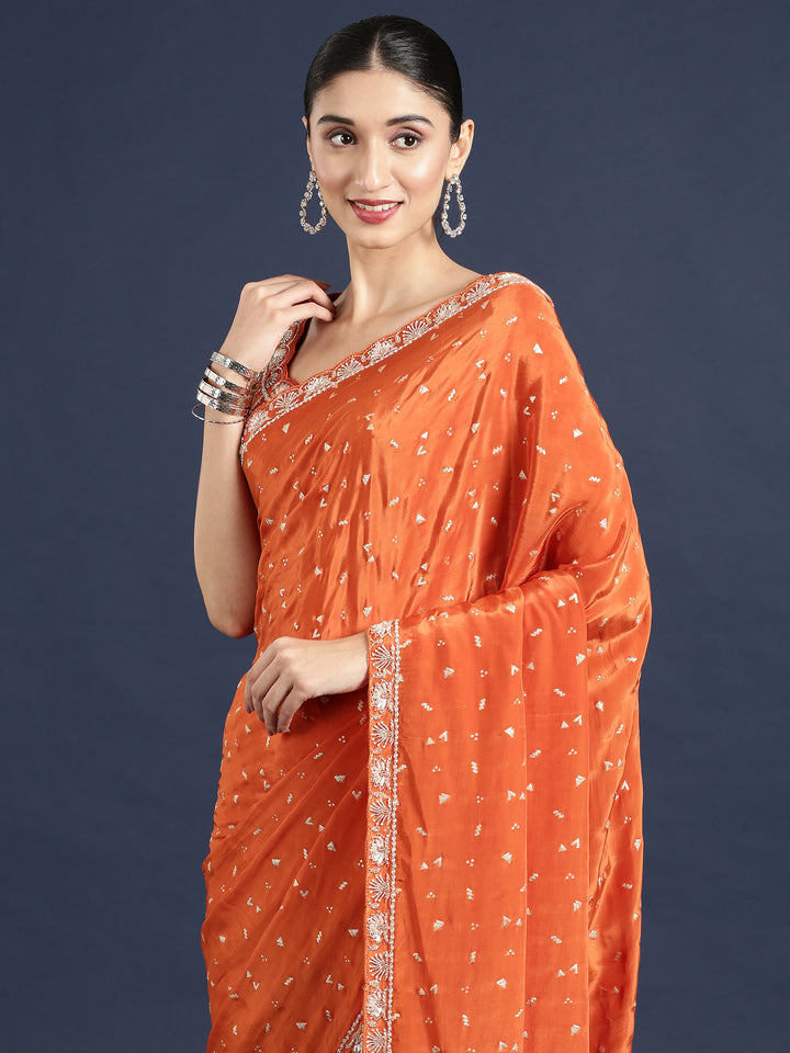 Orange Crepe Saree With Stone Work Readymade Blouse