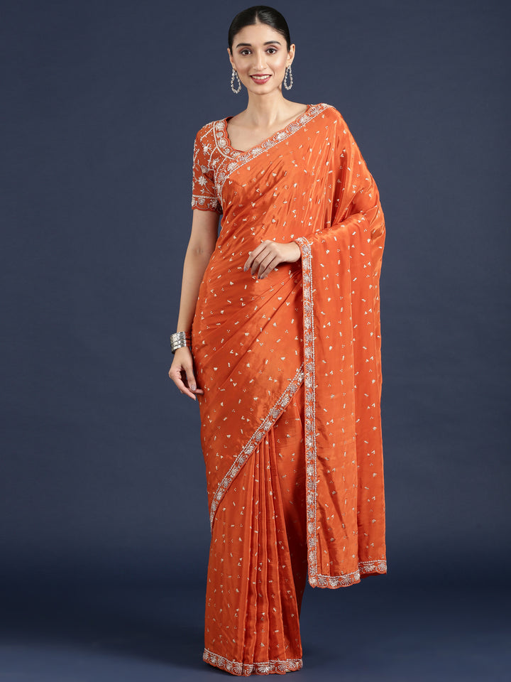 Orange Crepe Saree With Stone Work Readymade Blouse