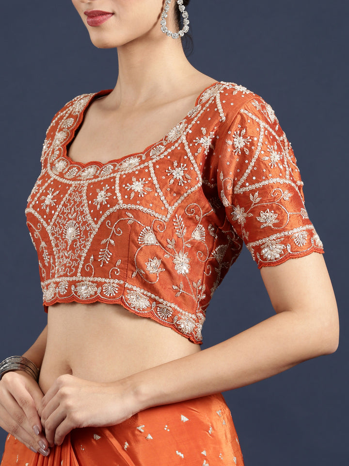 Orange Crepe Saree With Stone Work Readymade Blouse