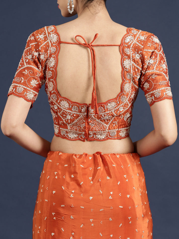 Orange Crepe Saree With Stone Work Readymade Blouse