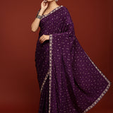 Purple Crepe Saree With Stone Work ready made blouse