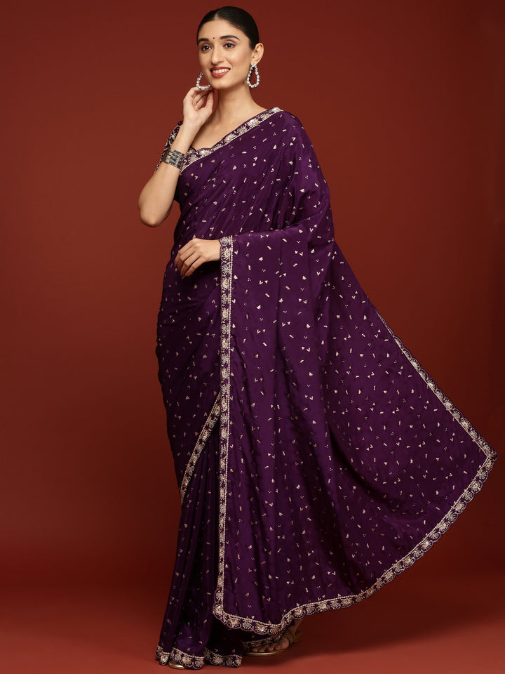 Purple Crepe Saree With Stone Work ready made blouse