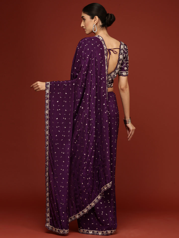 Purple Crepe Saree With Stone Work ready made blouse