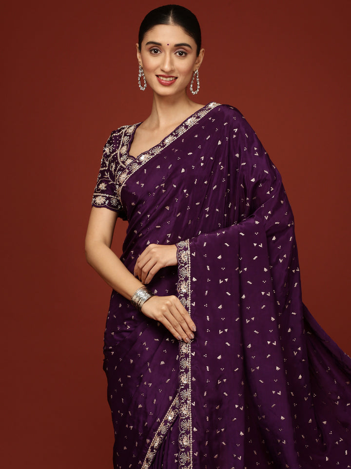 Purple Crepe Saree With Stone Work ready made blouse