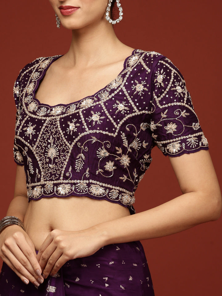 Purple Crepe Saree With Stone Work ready made blouse