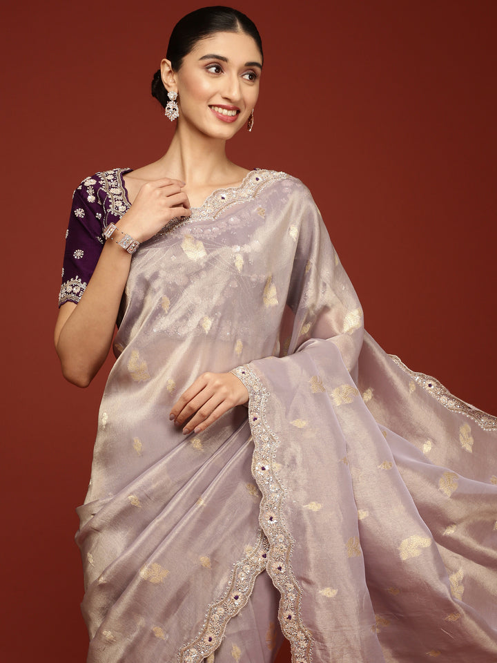 Lilac Tissue Weaved Saree With Stone Work Readymade Blouse