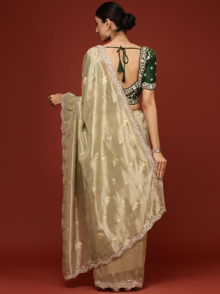 Pista Green Tissue Weaved Saree With Stone Work Readymade Blouse