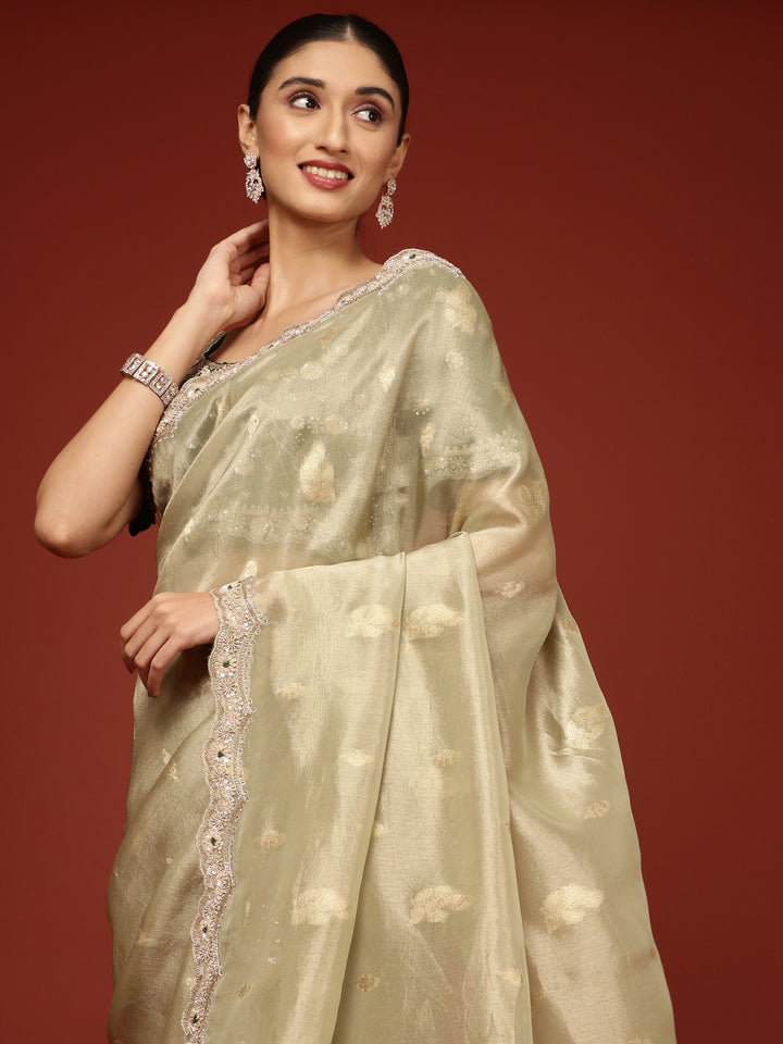 Pista Green Tissue Weaved Saree With Stone Work Readymade Blouse