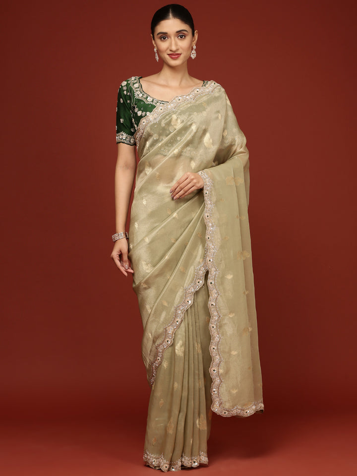 Pista Green Tissue Weaved Saree With Stone Work Readymade Blouse